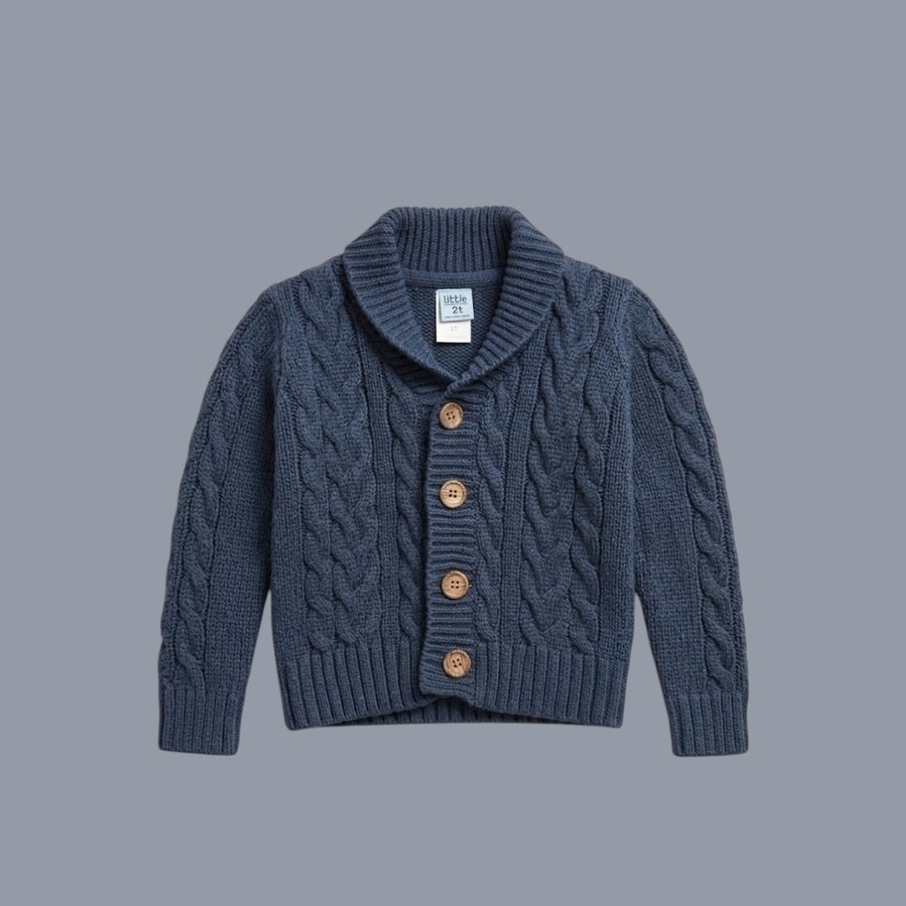 Little Lad Boys Navy Blue Cable Knit Shawl Collar Button Cardigan Sweater 3T